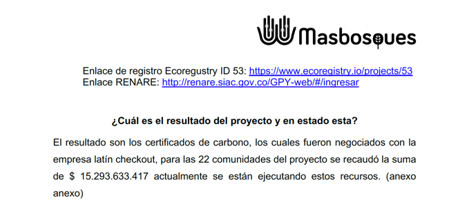 Documento de Masbosques sobre el proyecto de bonos de carbono en el territorio del río Pirá Paraná