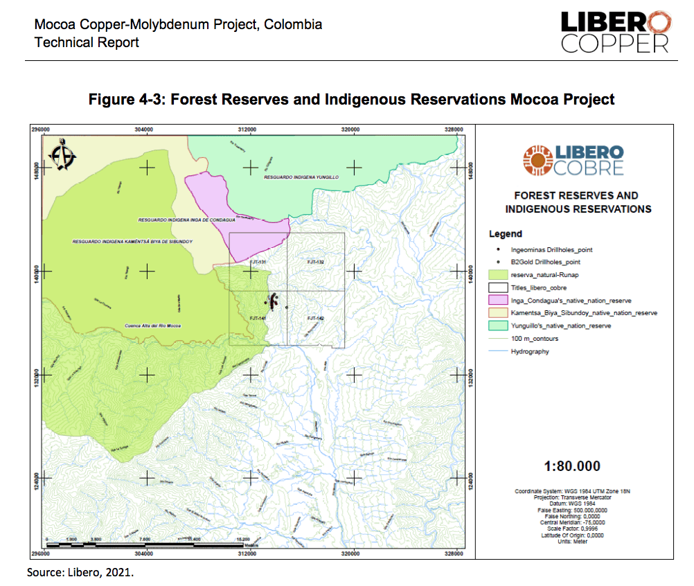Mapa de Libero mostrando el traslape de sus títulos mineros con resguardos de la zona