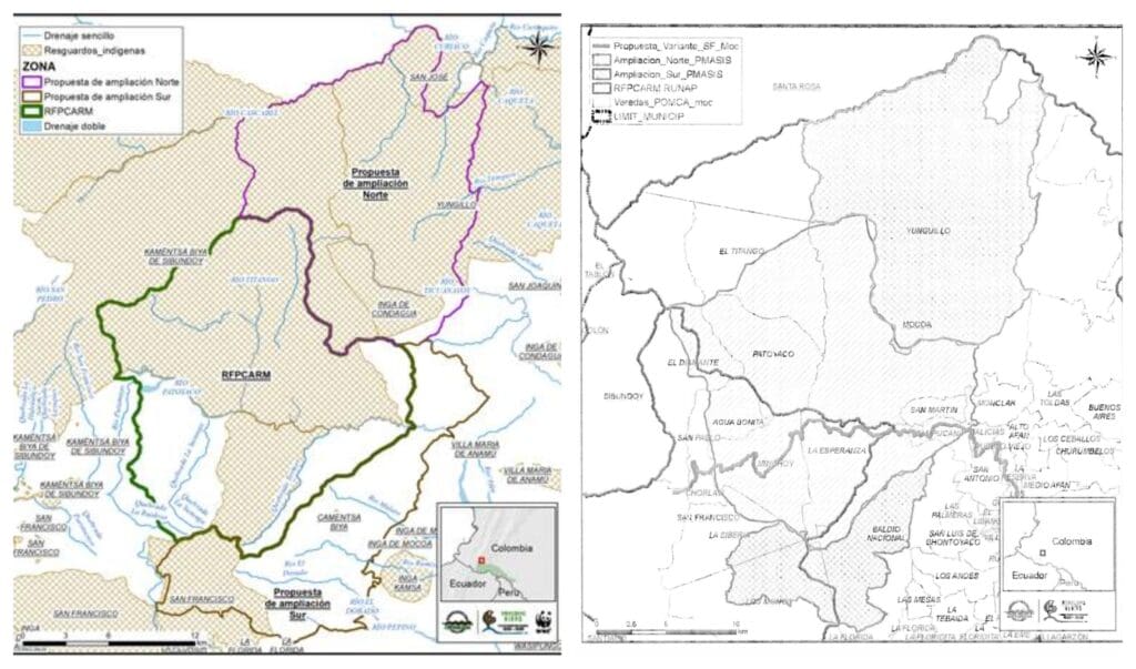Mapas que muestran información contradictoria sobre la reserva de la Amazonía colombiana donde se haría una mina de cobre.