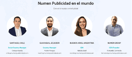 Pantallazo de la web de Numen Publicidad en Chile donde aparece el abogado Enrique García como socio y country manager