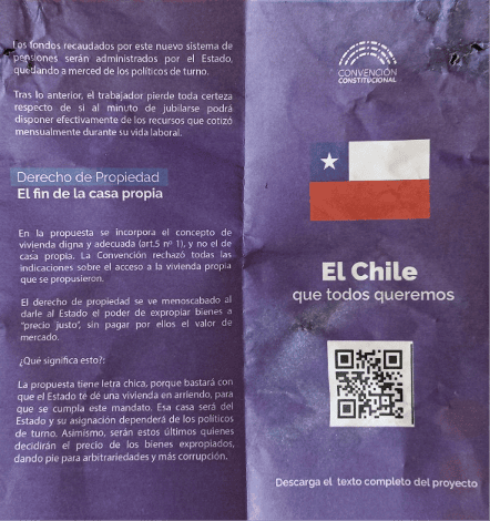 Folleto de Facilitadores Constitucionales que se repartió antes del plebiscito de septiembre de 2020 señalaba que la propuesta de la Convención significaba “El fin de la casa propia”, lo que era falso