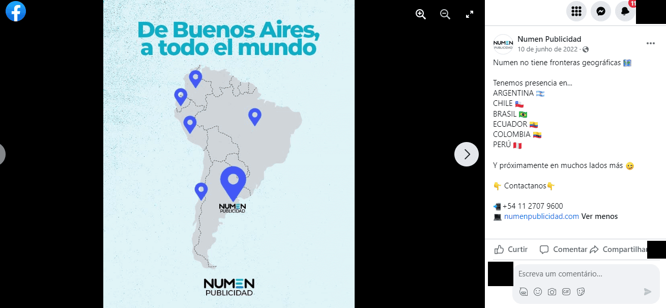 Pantallazo de la página de la empresa argentina Numen en Facebook con apuntes a oficinas en otros países. Sin embargo, ellos no fueron identificados por el proyecto "Mercenários Digitales". Crédito: reproducción de redes sociales de Numen