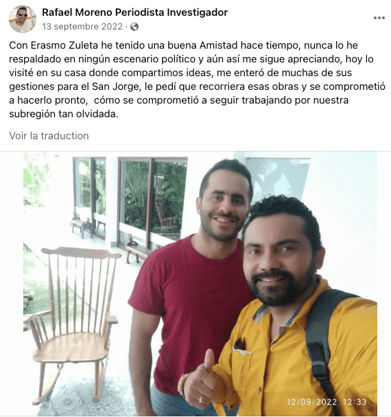 Publicación de Facebook de Rafael Moreno hablando de su entrevista con Erasmo Zuleta, el 12 de septiembre de 2022