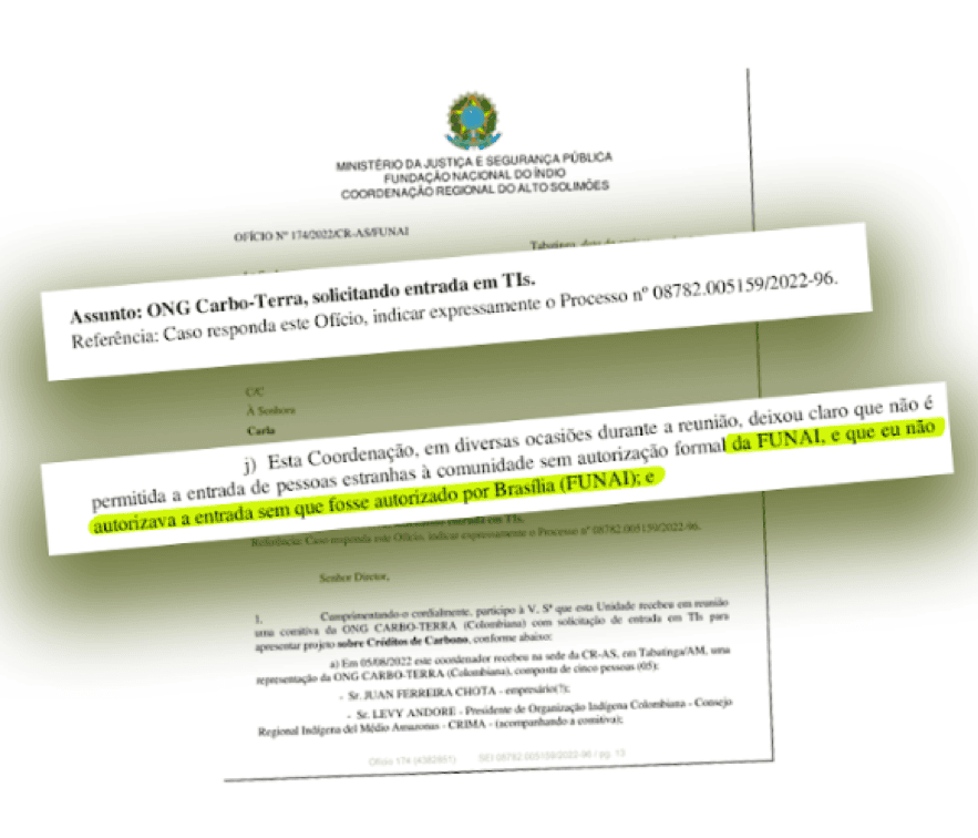 Documento en el que dice que no es posible la entrada de empresas ajenas a la comunidad indígena, como las interesadas en hacer proyectos de carbono, sin permiso de FUNAI.