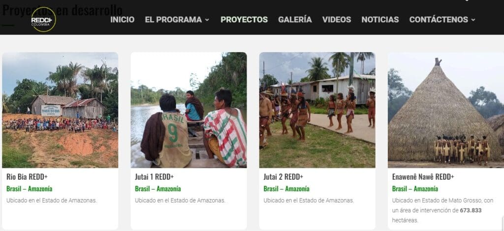 Captura de pantalla de la base de datos Community Redd+ donde se anuncia un proyecto de carbono en tierras indígenas de Brasil.