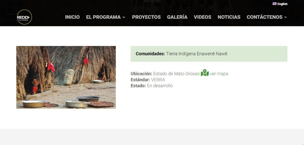 Captura de pantalla en la que se nombra a Verra como empresa certificadora de un proyecto de carbono en tierras indígenas del Brasil.