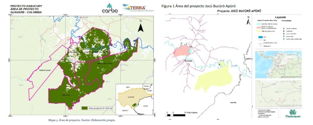 Mapas de los documentos de diseño de proyecto de Redd+ Dabucury (izquierda) y Jou Bucuru Apuru