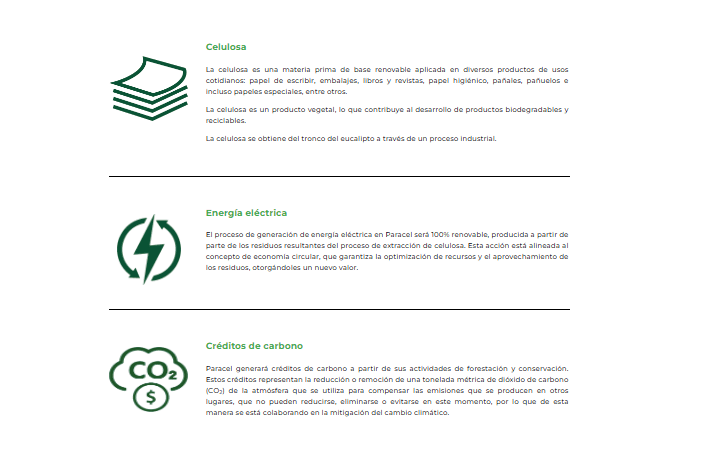 Pantallazo del sitio web del proyecto Paracel, donde se especifica que la venta de créditos de carbono es una de las fuentes de financiación del proyecto.