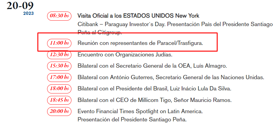 Registro de la reunión con Paracel/Trasfigura en la agenda oficial del presidente de Paraguay, Santiago Peña.