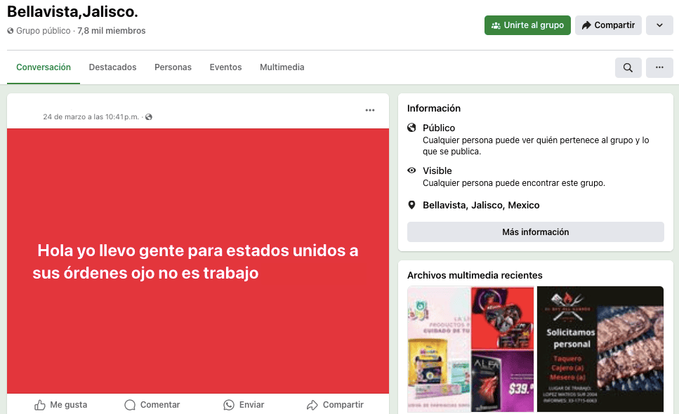 Aviso ofreciendo "llevar" gente a Estados Unidos en un grupo de Facebook dedicado a la ciudad de Bellavista, Jalisco.