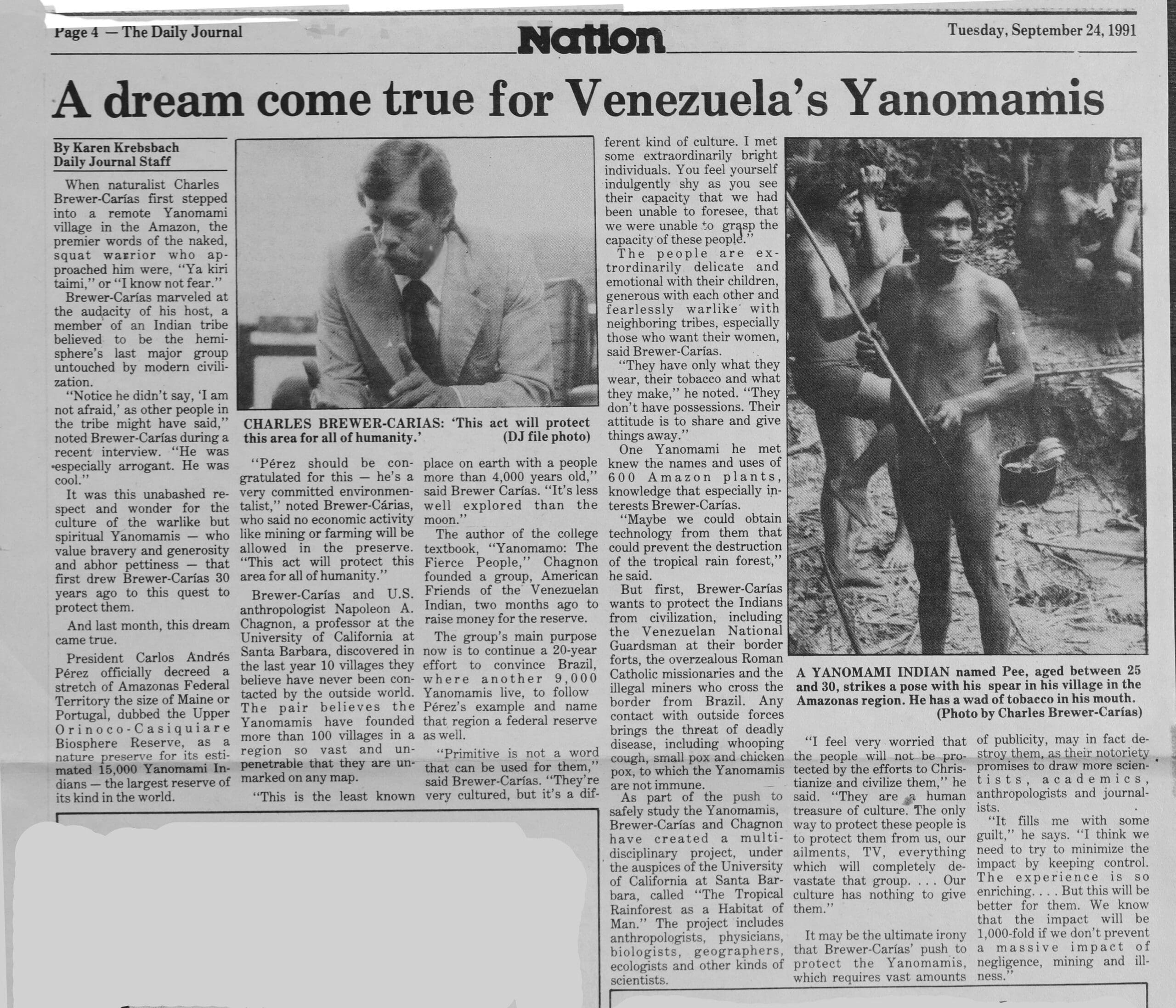Reportaje en The Daily Journal de 1991 sobre el lobby de Brewer Carias y Chagnon ante el presidente Pérez para la creación de la Reserva de Biósfera Alto Orinoco-Casiquiare 10